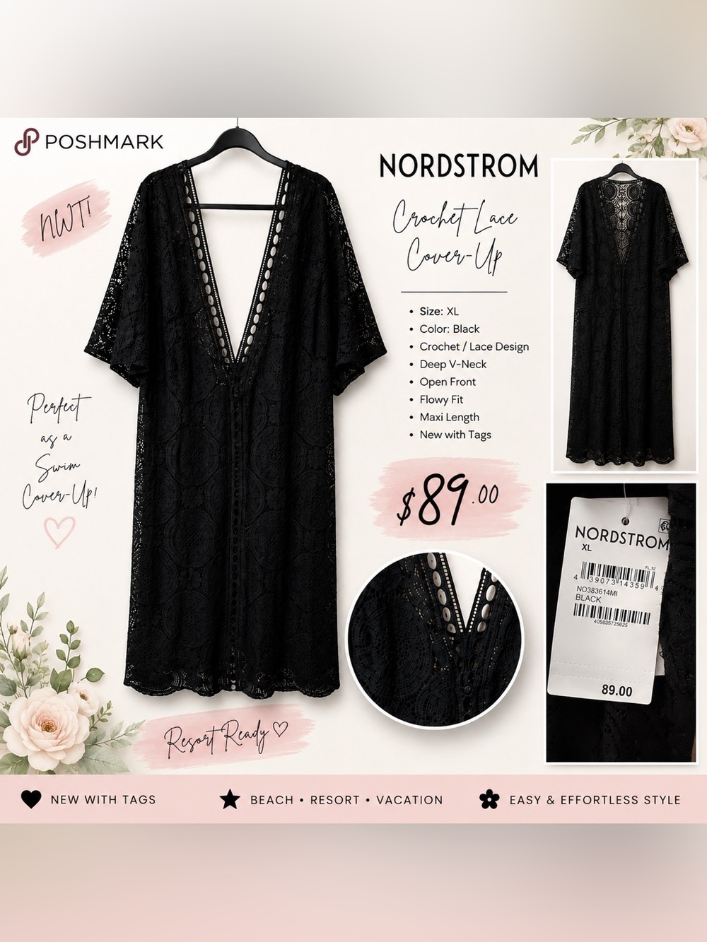 Nordstrom Crochet Lace Cover-Up Black XL NWT